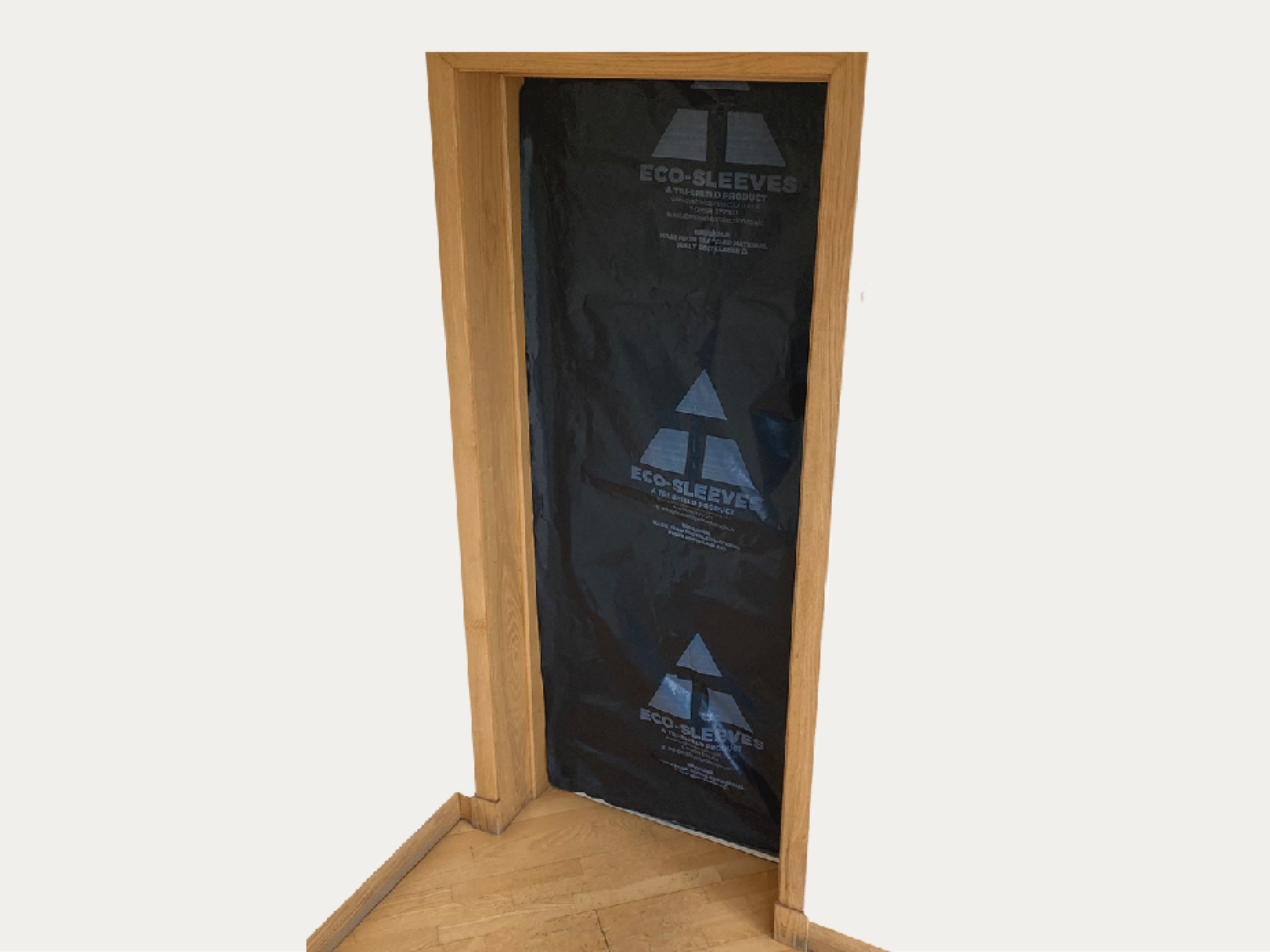 A partially assembled wooden frame with black Eco-Sleeves insulation liner.