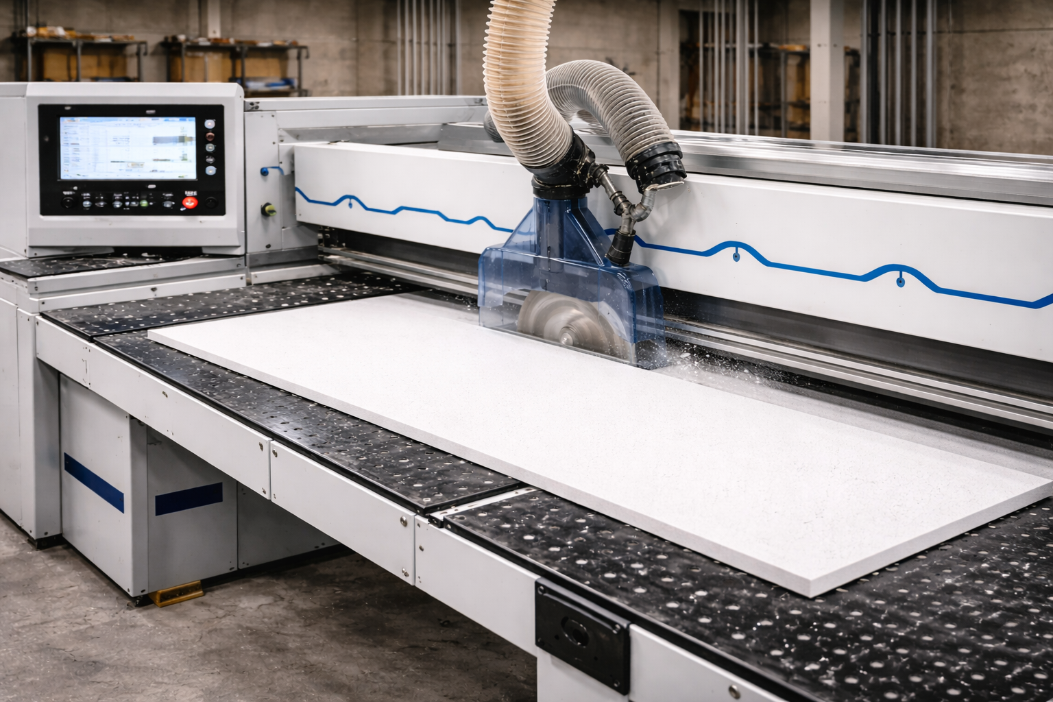 Industrial CNC machine cutting a large white sheet of material in a factory setting.