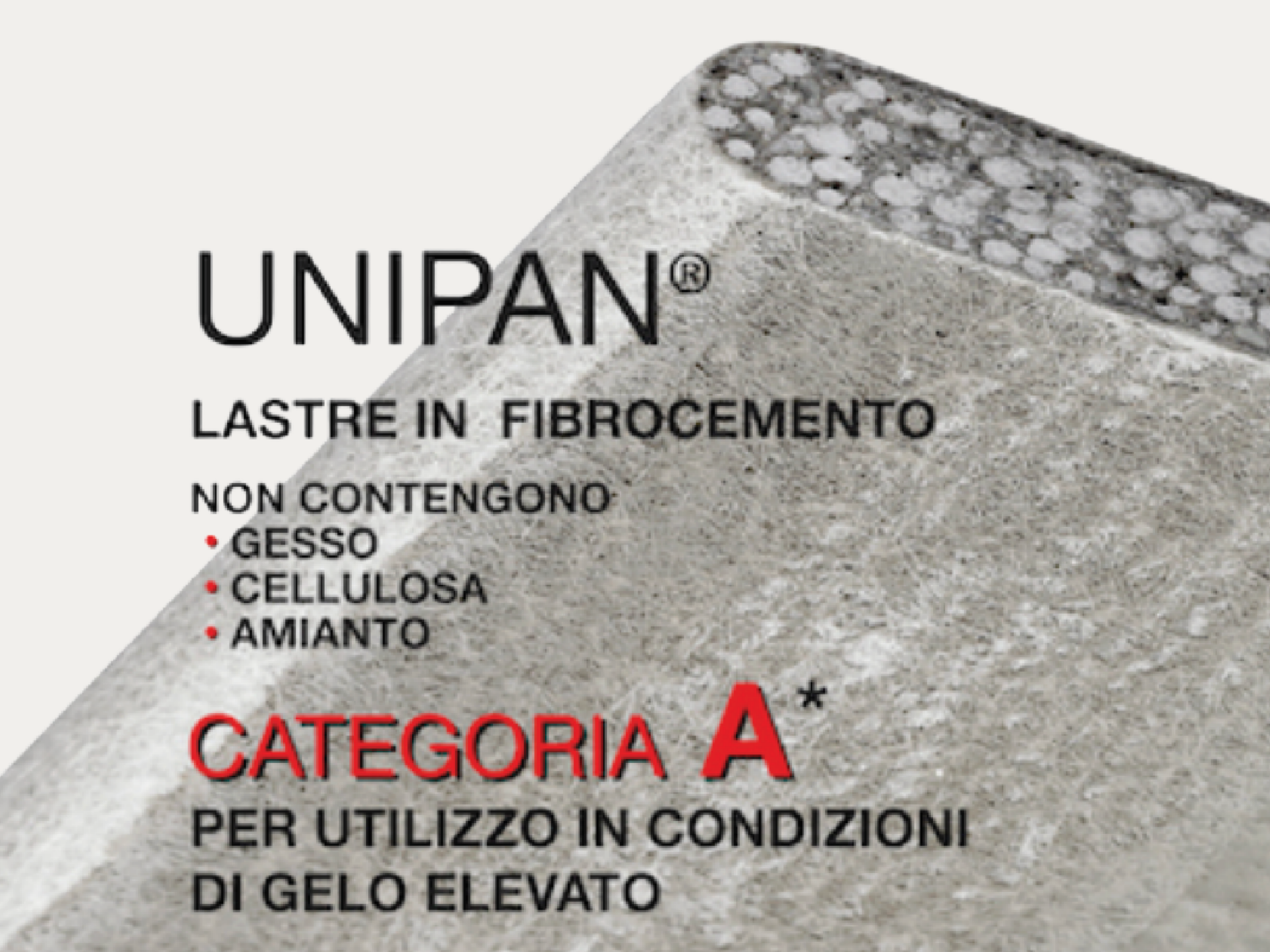 Close-up of a construction material labeled UNIPAN, a lightweight fiber cement board used for high-temperature conditions, with Italian text describing it as non-asbestos and suitable for Category A applications.