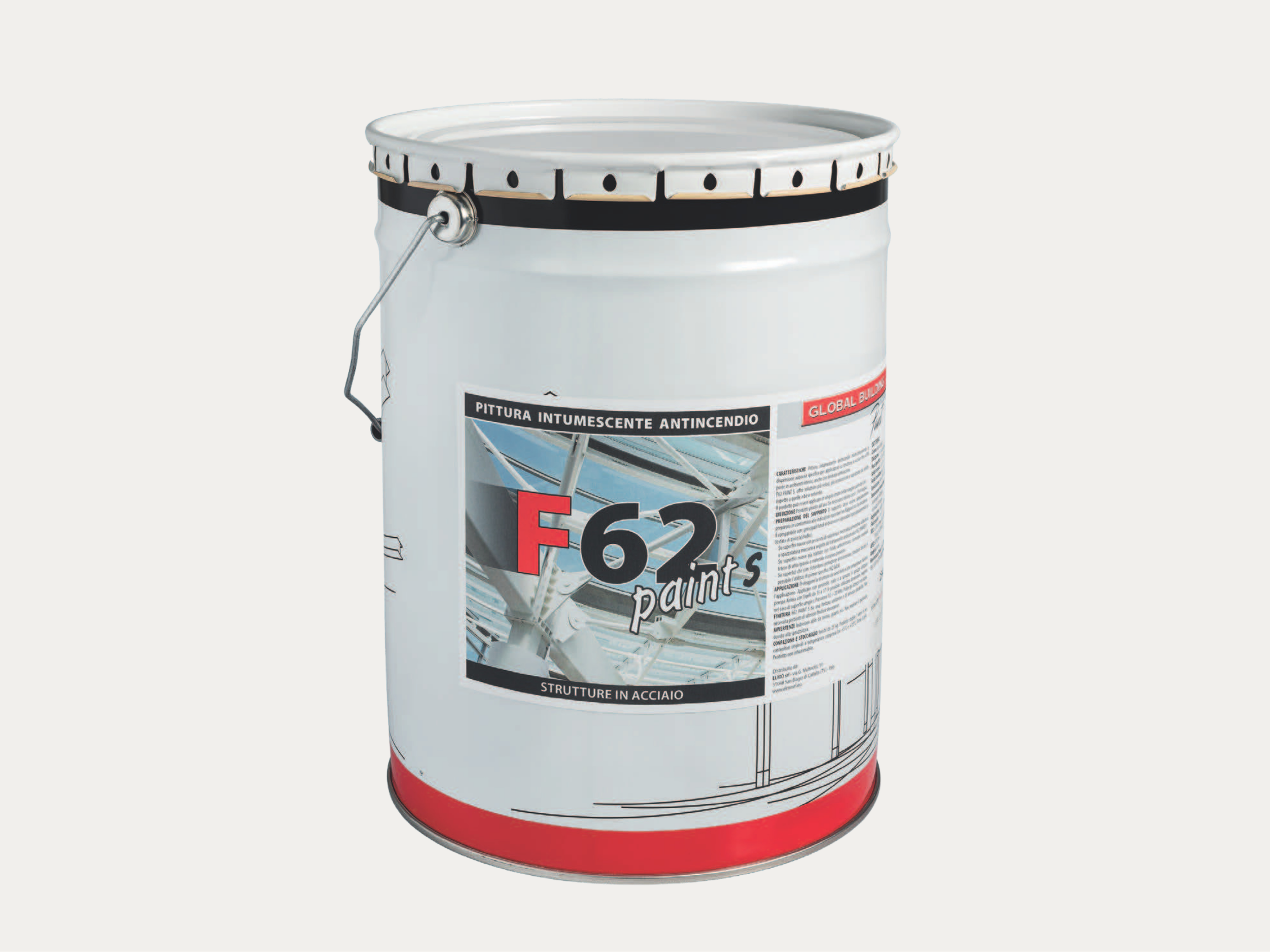 A white metal paint bucket with a handle, featuring a label for F62 fire-resistant paint for steel structures, with Italian text and an image of steel beams.