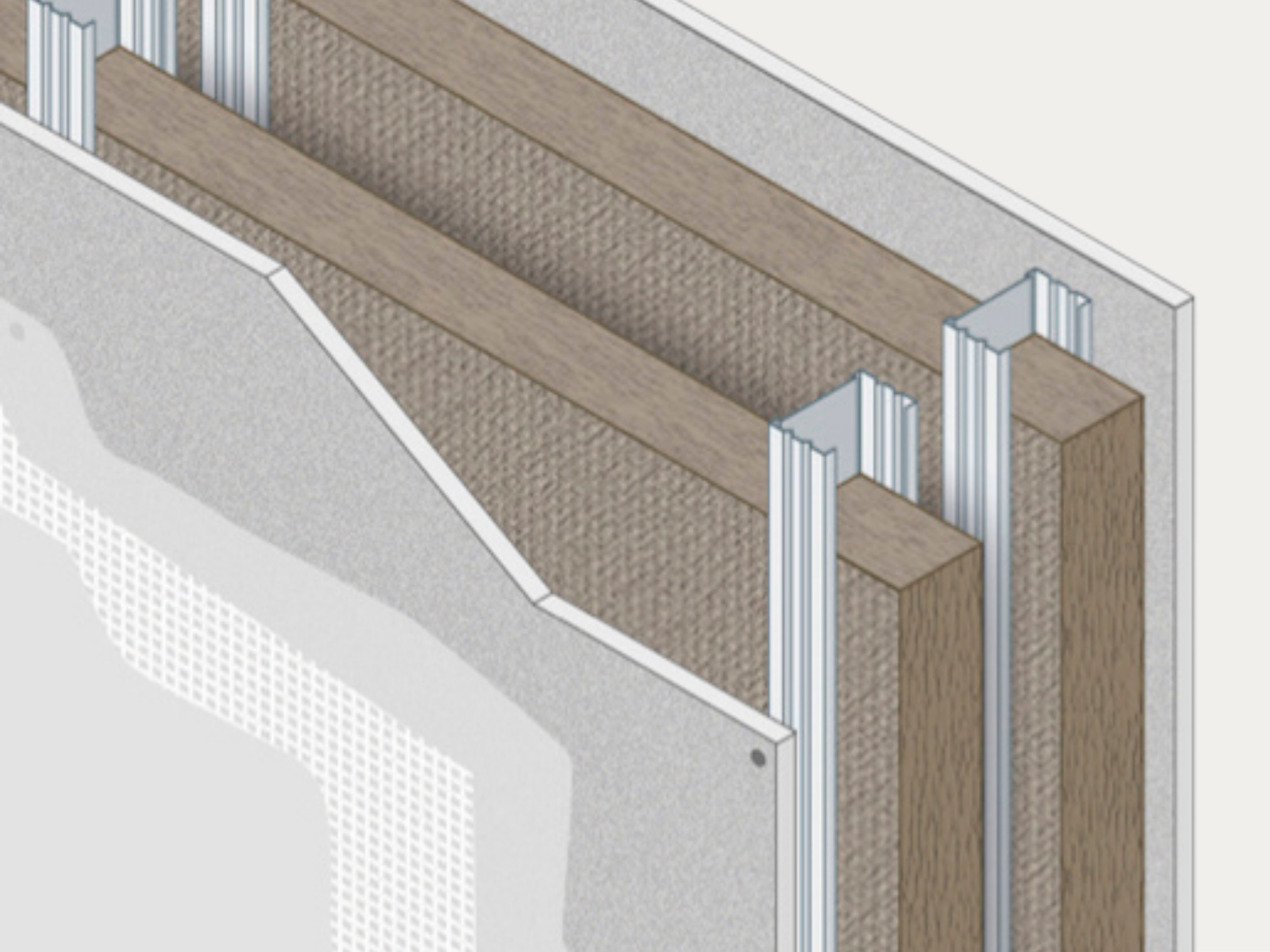 Close-up illustration of a wall with insulation and metal framing for drywall installation.