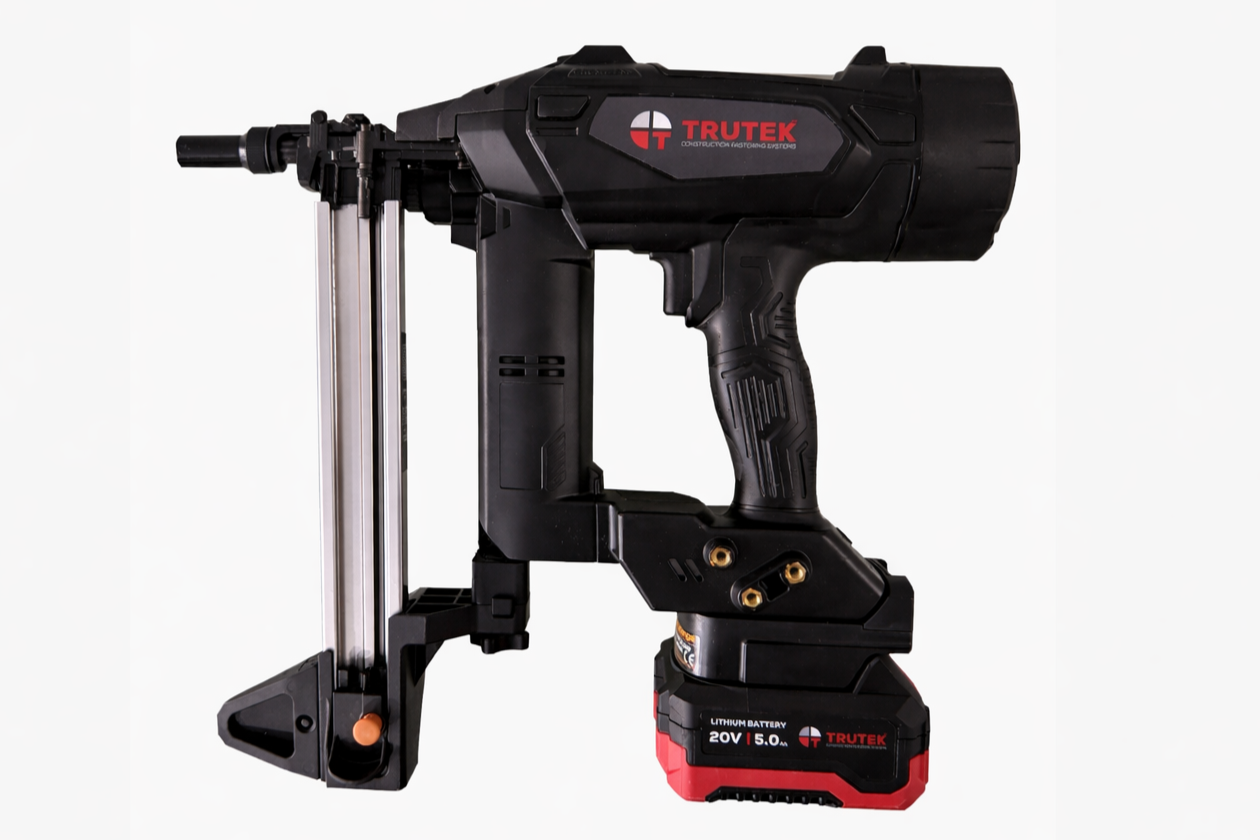Black and red cordless nail gun with Trutek branding and lithium battery