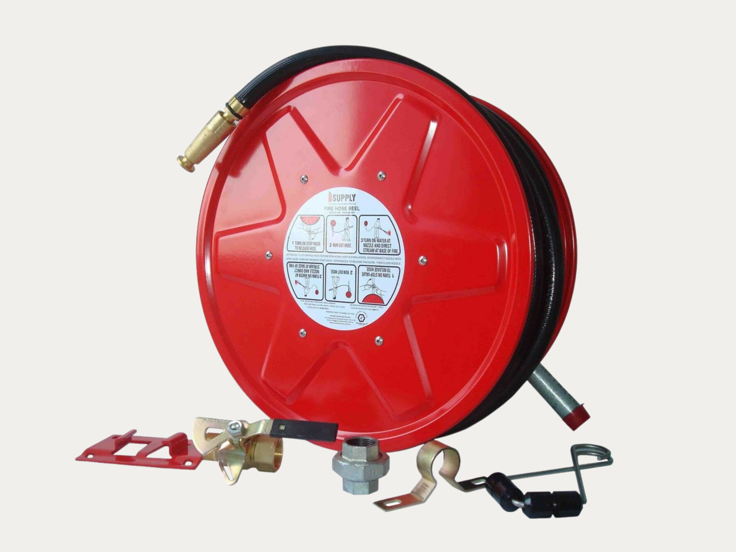 A red fire hose reel with a black hose coiled around it, mounted on a white background, with metal fittings and instructions label.