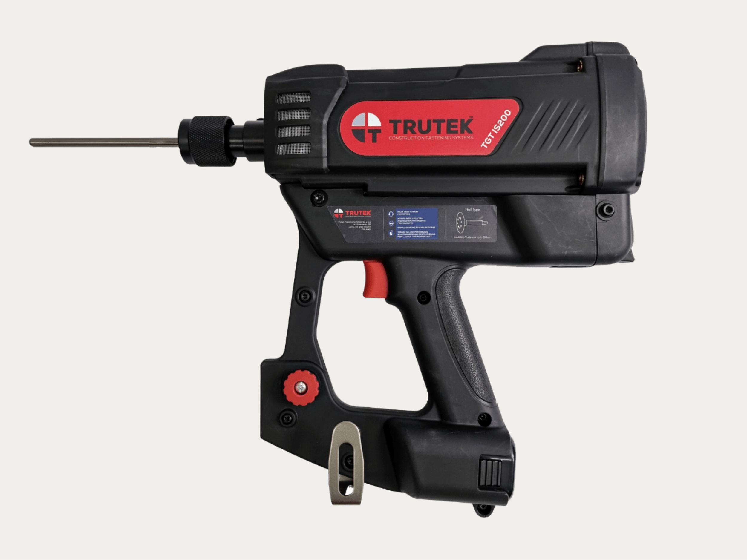 A black power tool with a long metal bit, labeled Trutek, designed for construction fastening systems.
