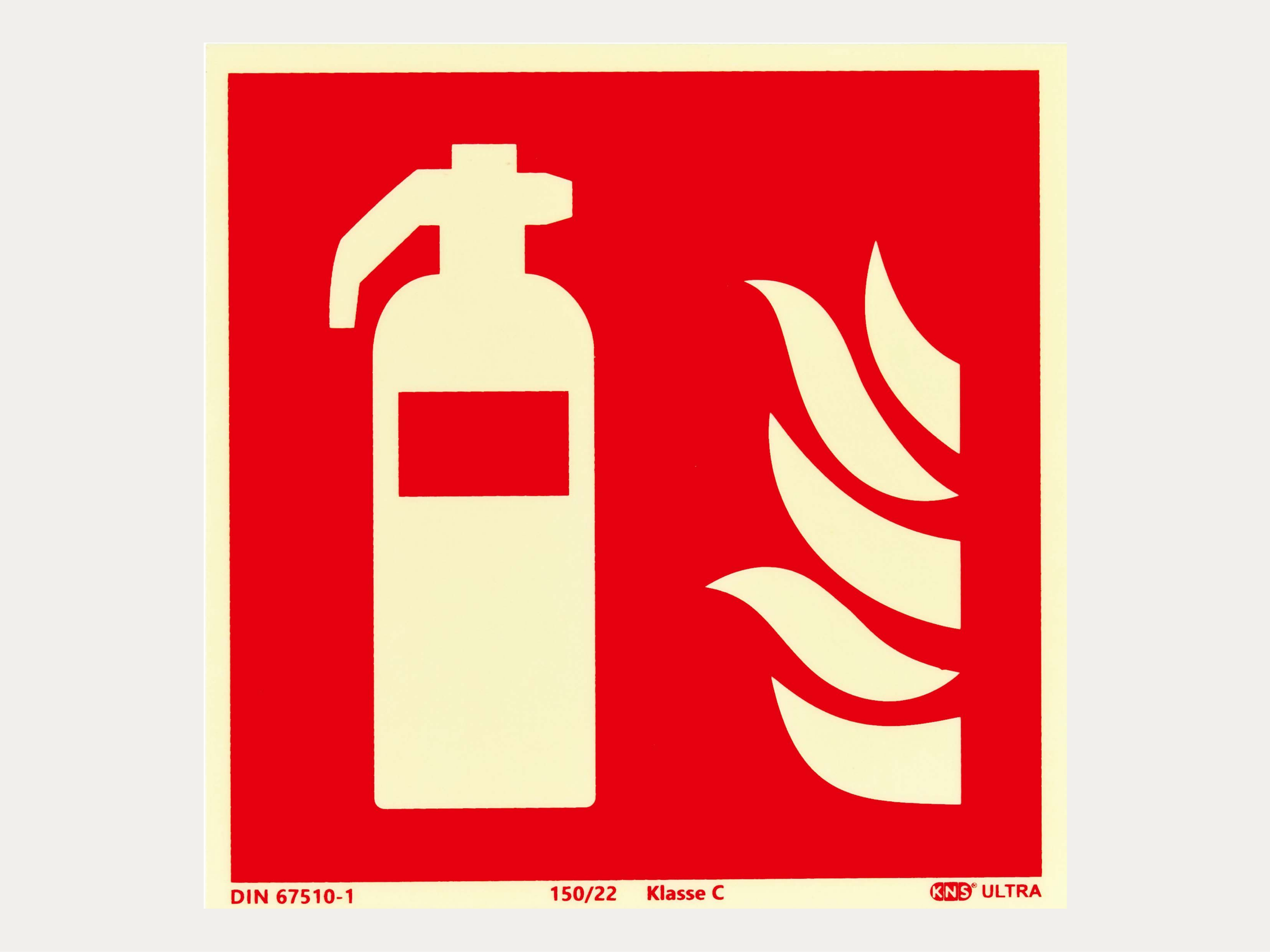 Fire extinguisher symbol with flames on red background and safety information at the bottom.