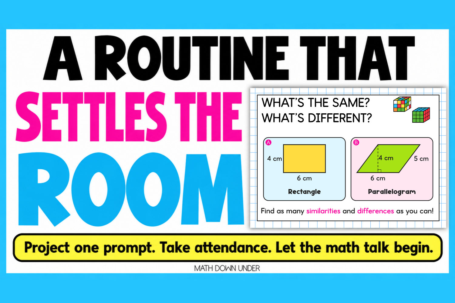 Middle school math warm-up graphic showing a What's the Same? What's Different? number talk routine for the start of class