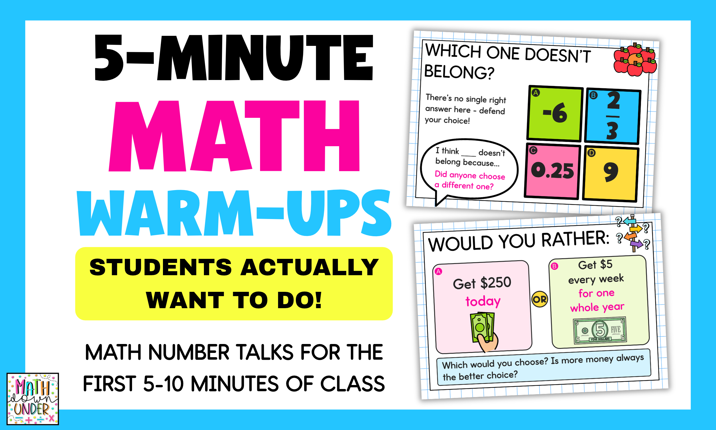 Middle school math warm-ups graphic with number talk examples for the first 5 to 10 minutes of class