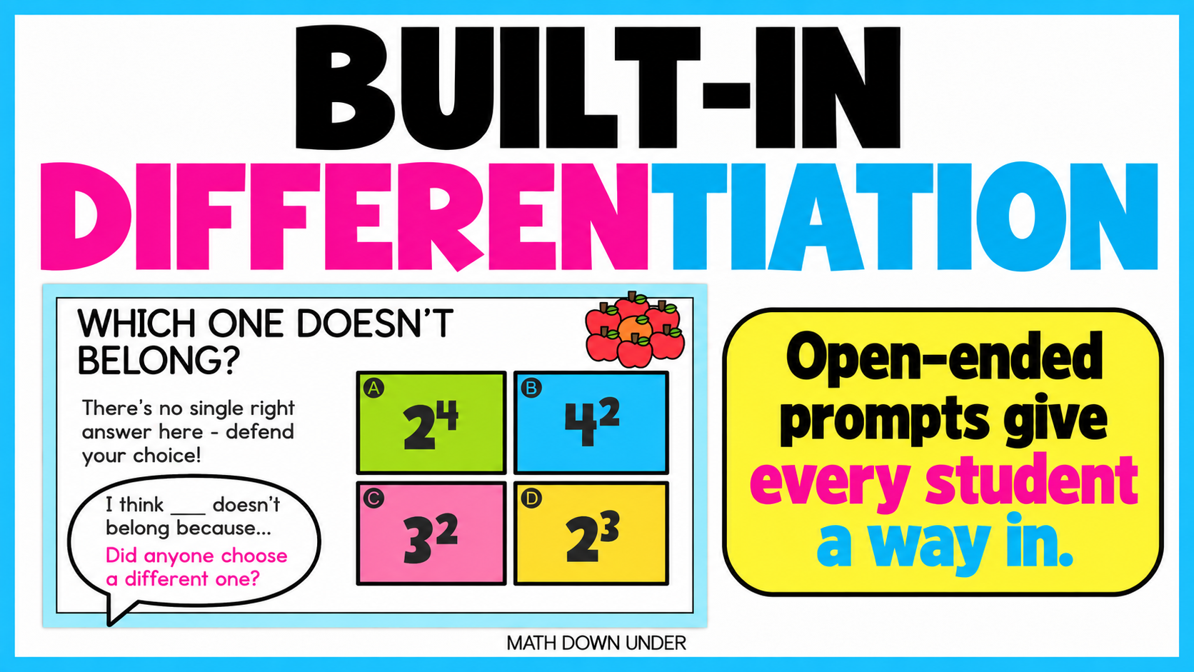 Middle school math warm-up graphic showing a Which One Doesnt Belong? number talk routine for the start of class