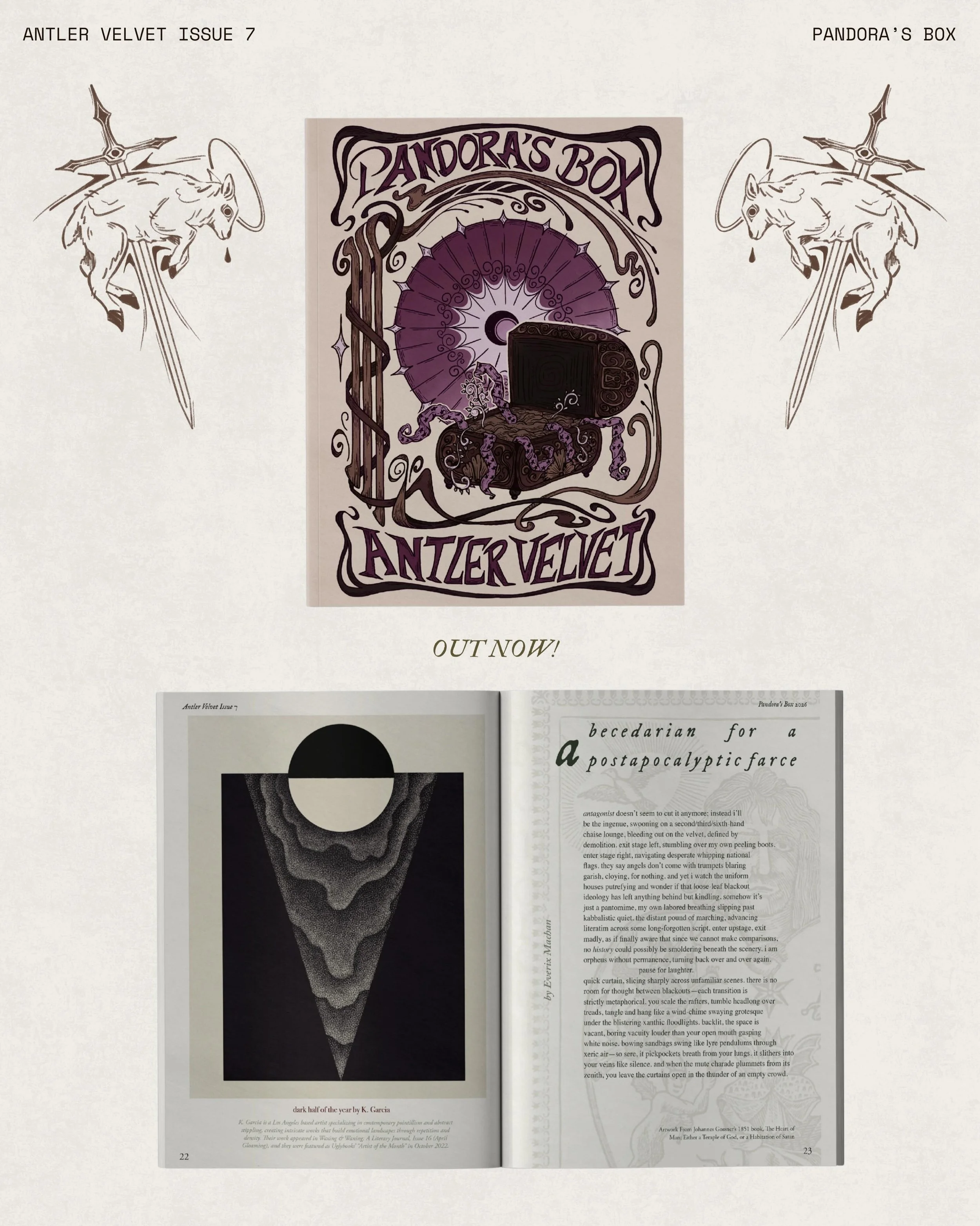 🗃️ THE BOX IS OPEN 🗃️ 
antler velvet issue 7: pandora&rsquo;s box is out now! find it on our website or via the link in our bio 📦 thank you for your support, and we hope you enjoy 🦌
