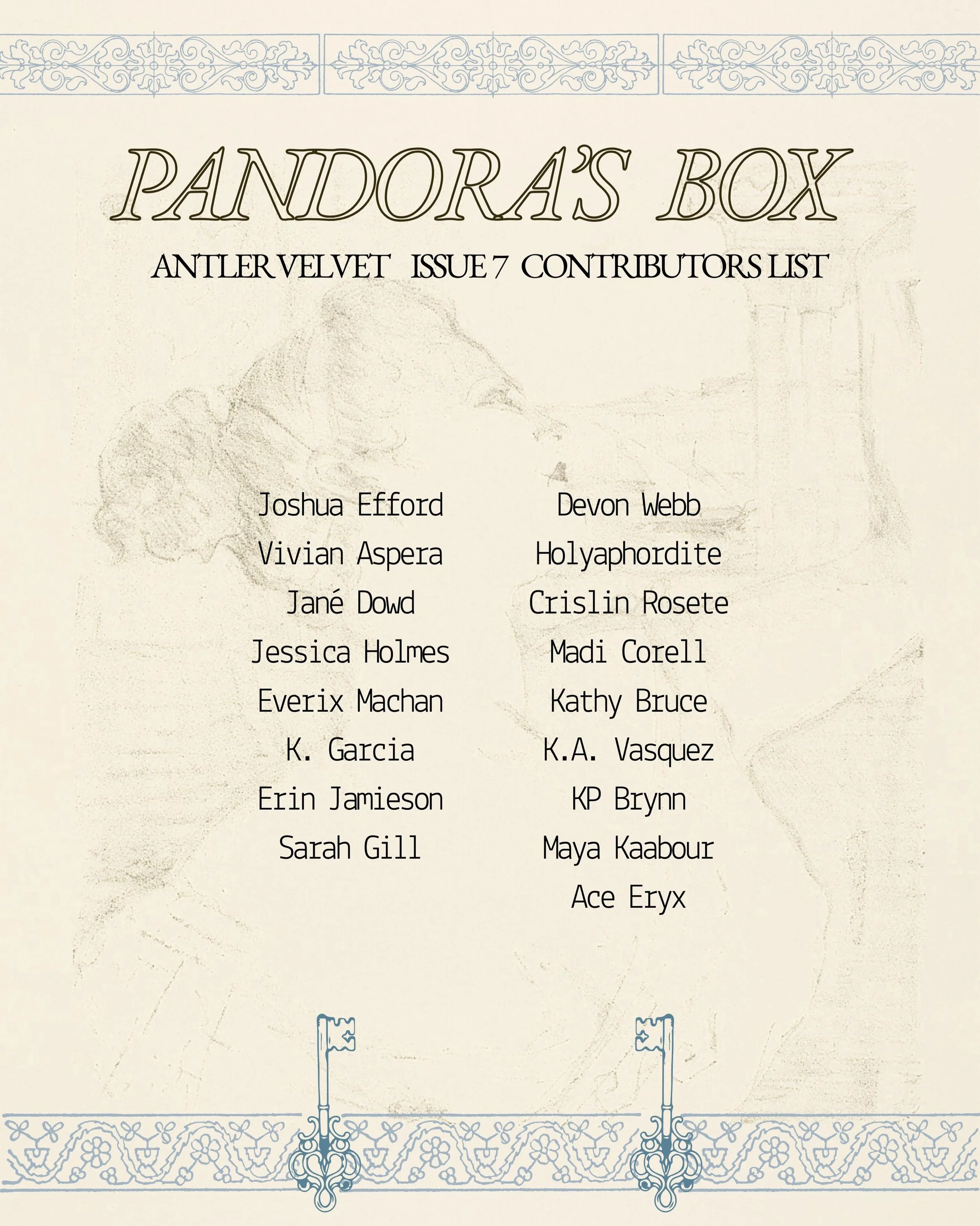 our issue 7 contributors! thank you so much for submitting your work this round and for allowing our editors to review such beautiful material. &lsquo;pandora&rsquo;s box&rsquo; is a splendid issue thanks to all of you 📜🪞🤍