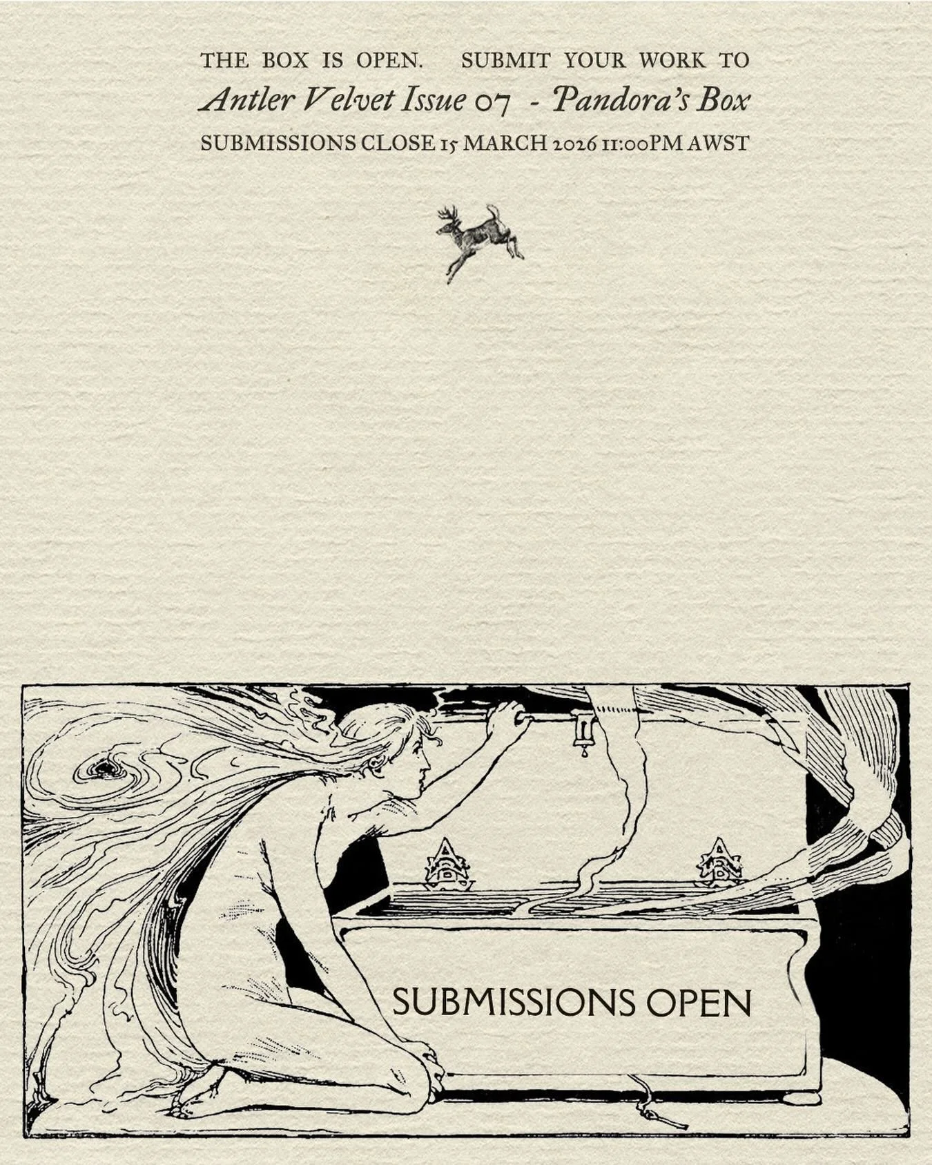 THE THEME: PANDORA&rsquo;S BOX
NOW OPEN UNTIL THE 15TH 📦 
#antlervelvetmagazine #literarymagazine