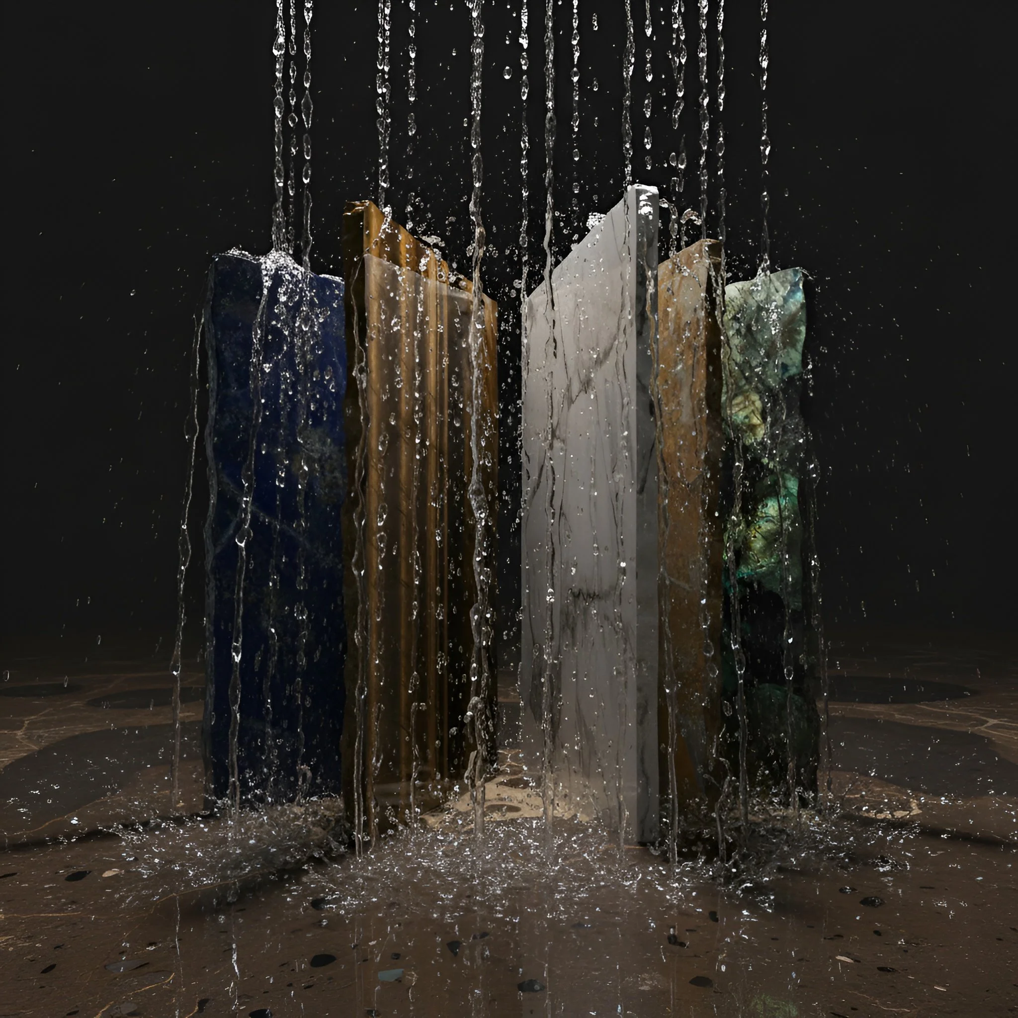 Waterfall cascade over a sculptural installation of vertically aligned, colorful stone slabs in a dark setting.