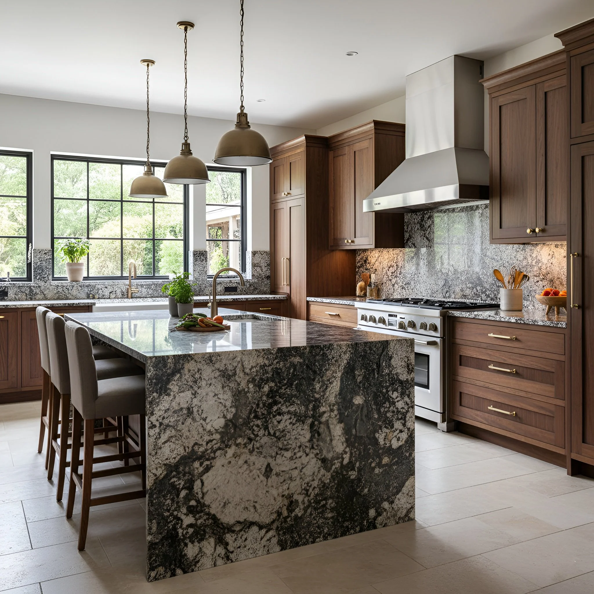Modern kitchen with granite island, wooden cabinets, stainless steel stove, range hood, and large windows showing greenery outside.