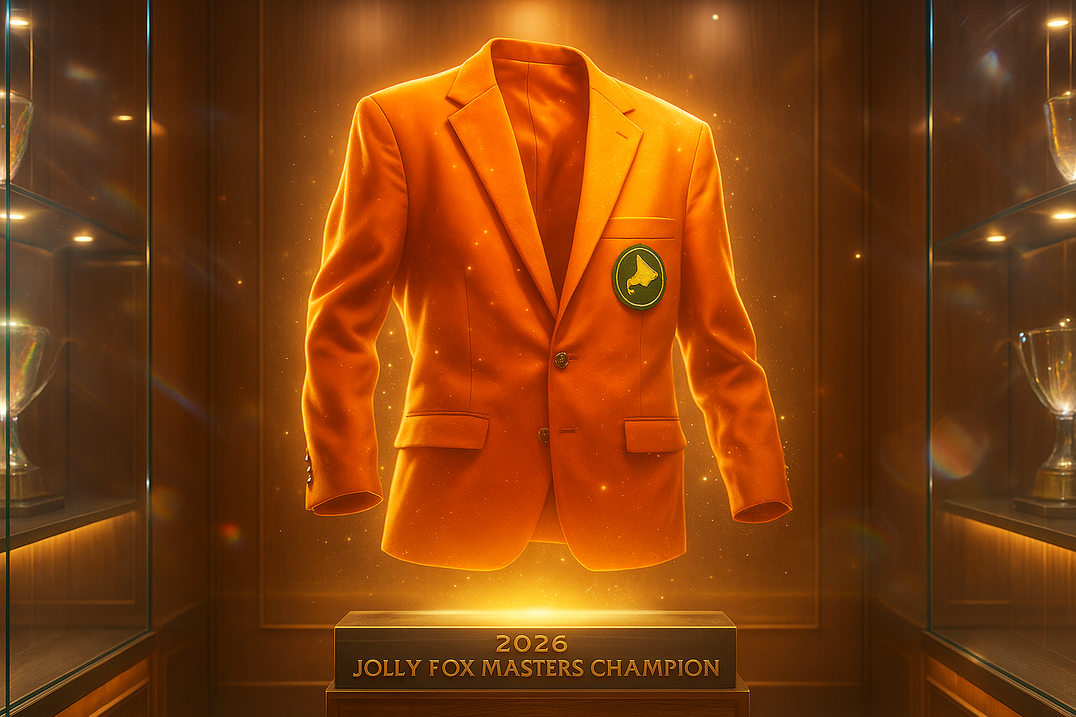A glowing orange blazer with a crest on the pocket, displayed on a stand with a plaque reading '2026 Jolly Fox Masters Champion'.
