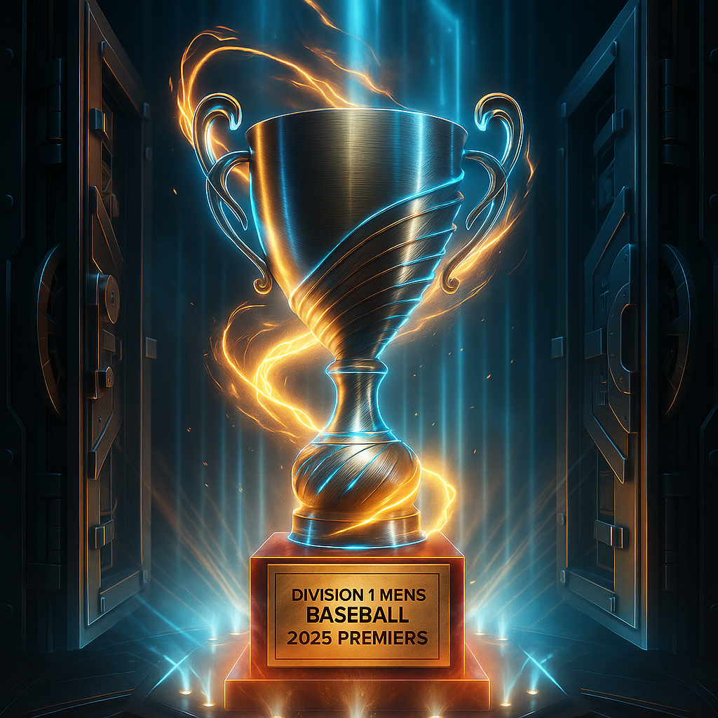 A glowing silver trophy with electric blue and orange lightning effects, placed on a red pedestal with a plaque that reads 'Division 1 Mens Baseball 2025 Premiers,' set in a high-tech vault or storage room with open doors.