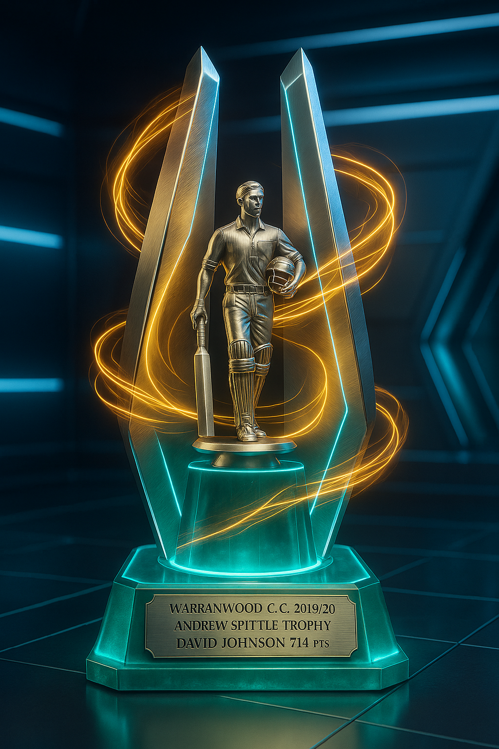 Trophy sculpture of a cricket player holding a bat and helmet, mounted on a pedestal with an engraved plaque, featuring glowing yellow and blue light effects.