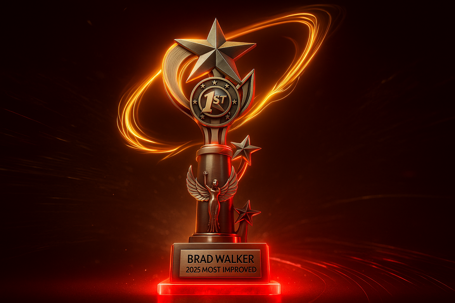 A trophy with a large star at the top and a figure with wings at the base. The trophy has a label that reads 'BRAD WALKER 2025 MOST IMPROVED'. It features a circular emblem with '1ST' and swirling light effects around it, set against a dark background with fiery orange accents.