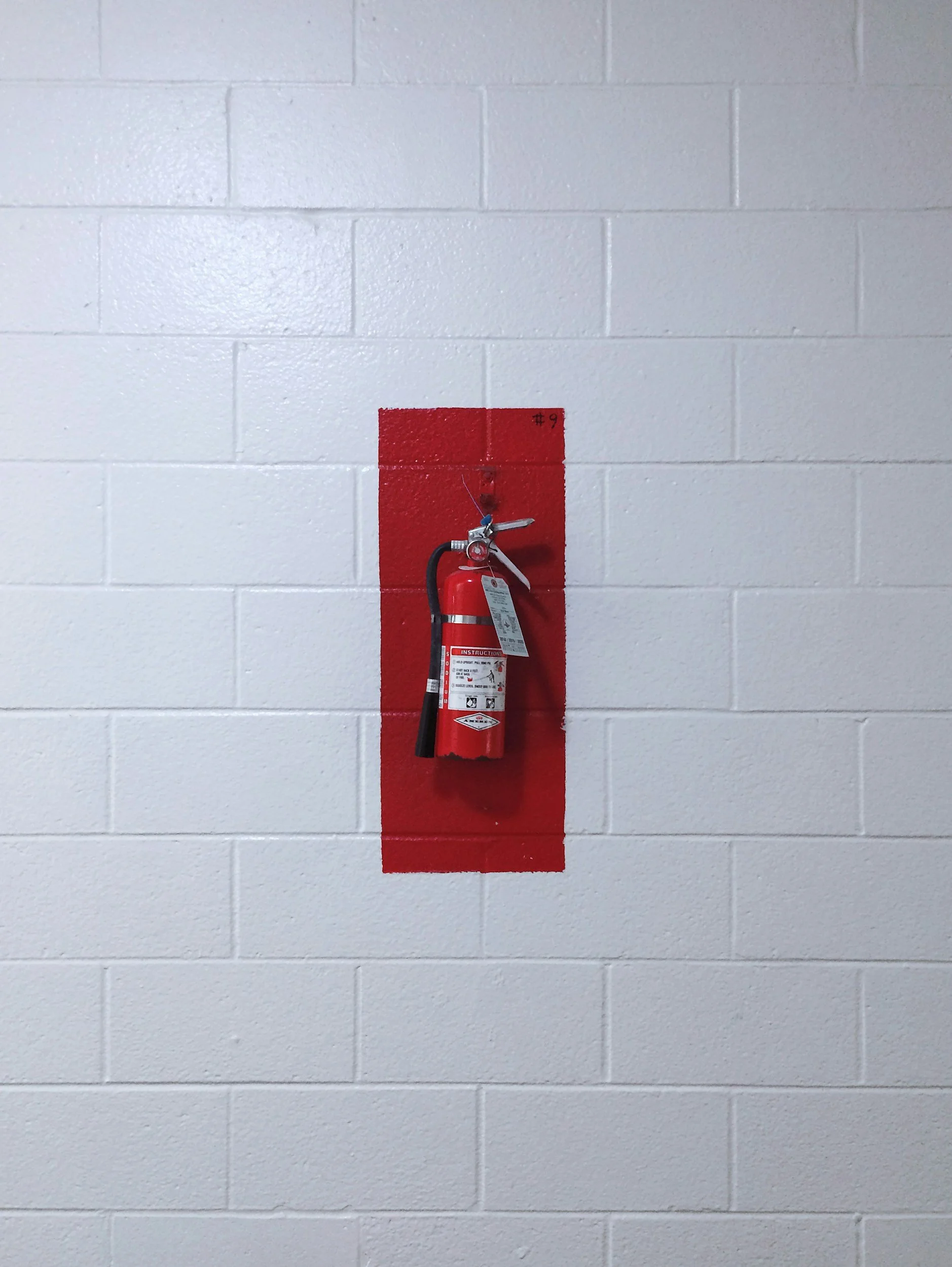 A red fire extinguisher mounted on a wall with a red backing plate.
