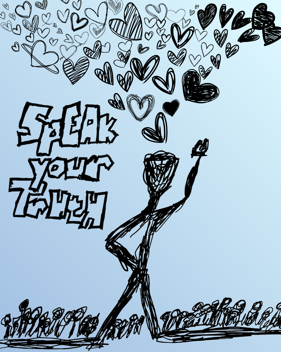 Speak your truth public speaking course marketing poster for Kill Your Darlings Theatre. A figure is seen in a public speaking setting speaking to an audience about empathy.