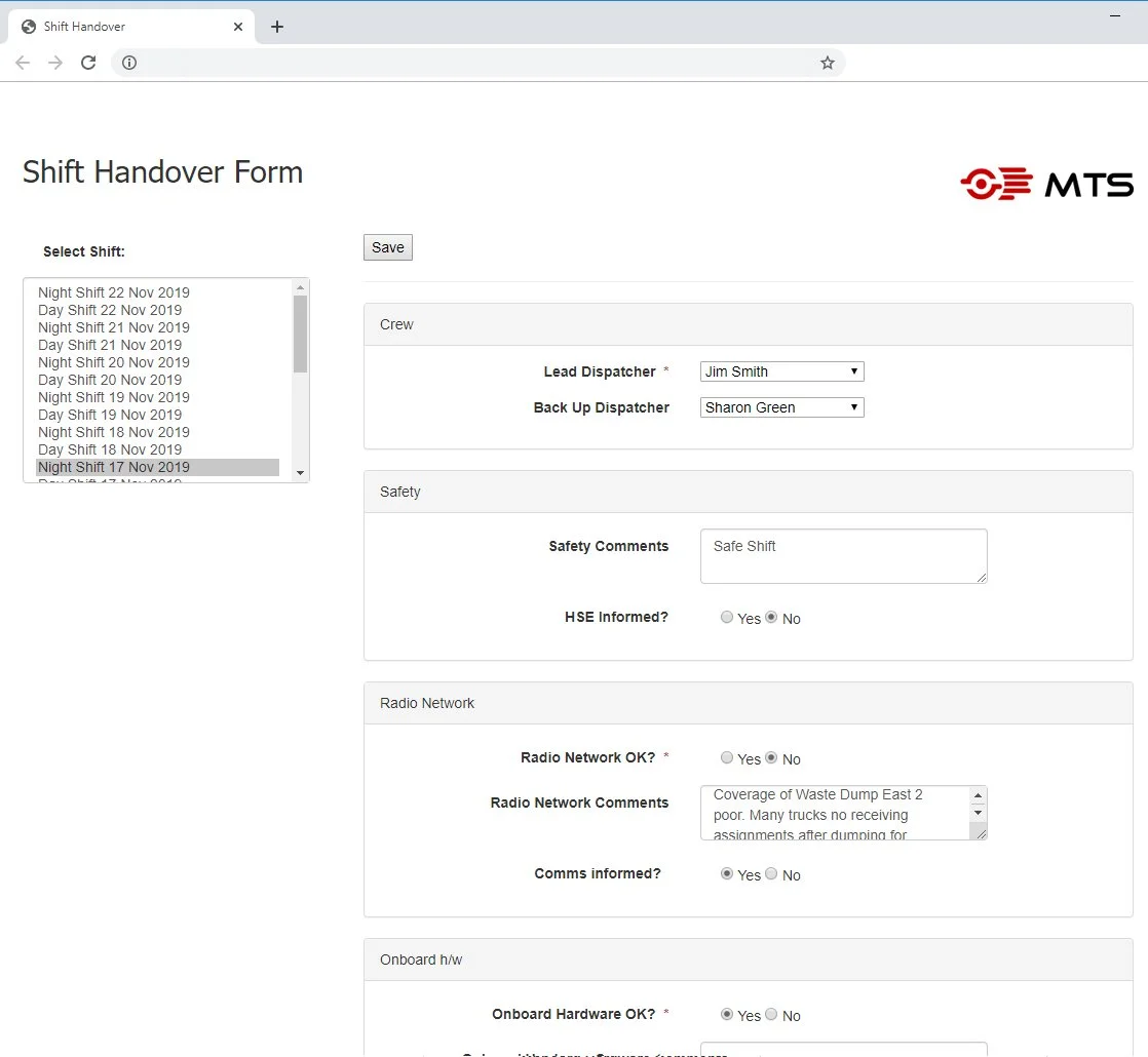 MTS Shift Handover Form
