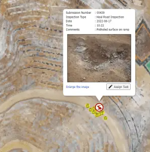 Screenshot of the Haul Road Explorer map view showing an open-pit haul road with event markers plotted along a ramp.