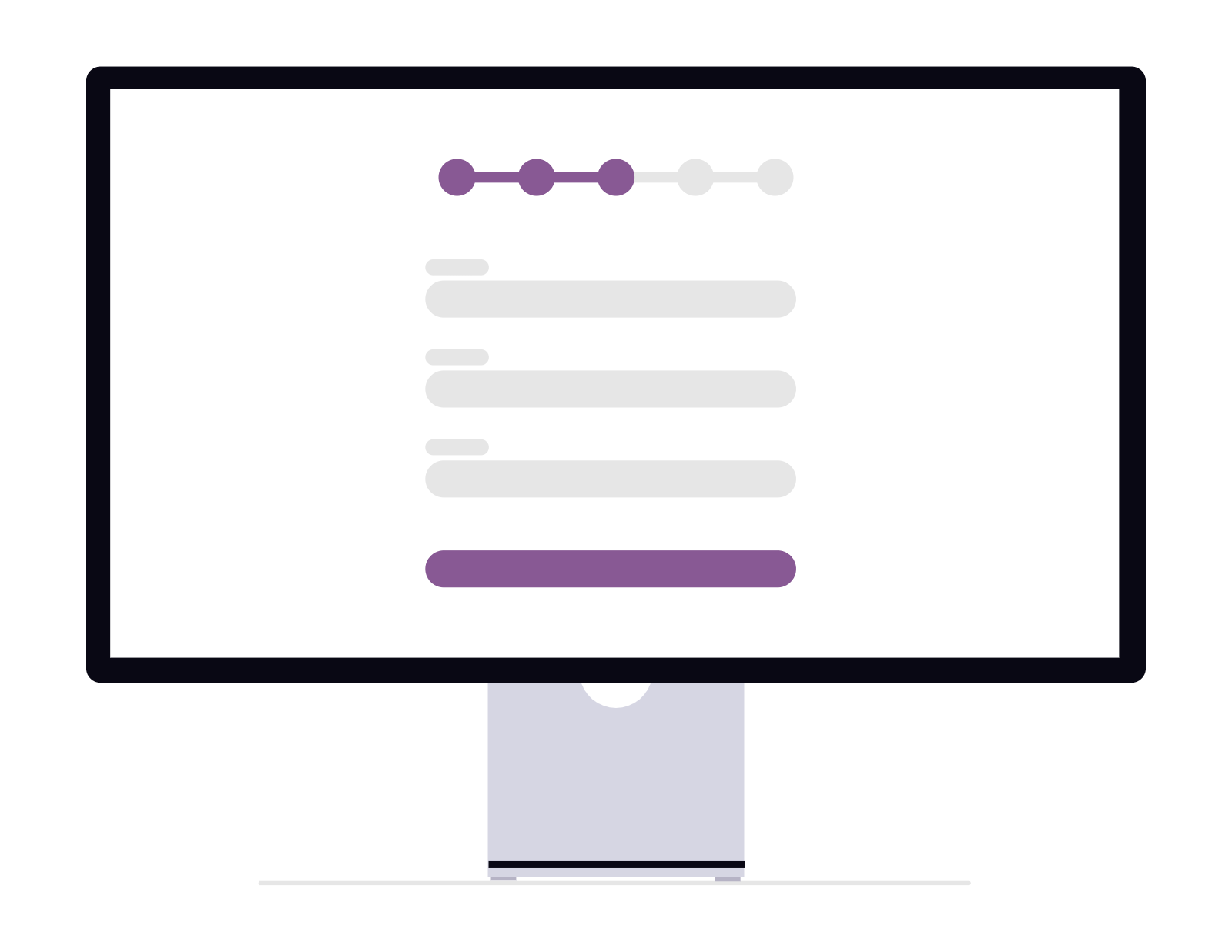 Digital graphic of a computer monitor displaying a progress bar at the bottom, with a series of gray bars above it and a purple progress indicator, on a white background.