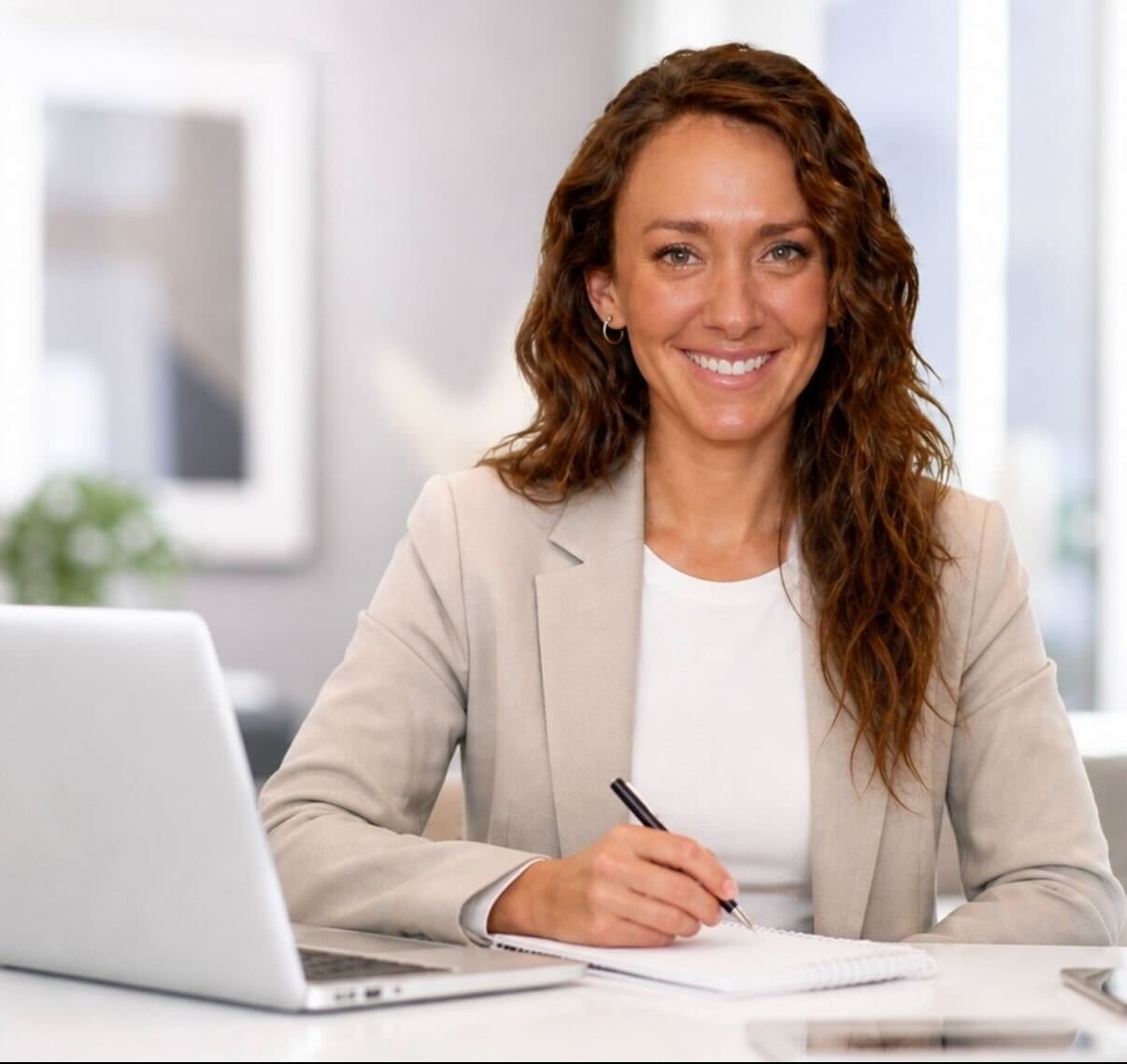 A smiling woman with curly red hair wearing a beige blazer and white shirt, sitting at a white desk with a laptop, notebook, and pen, in a bright office.