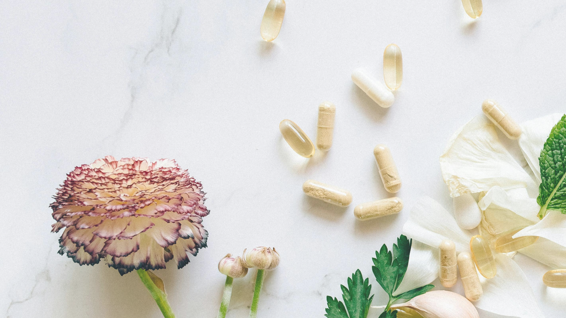 Various vitamins and herbal flowers on a white background.