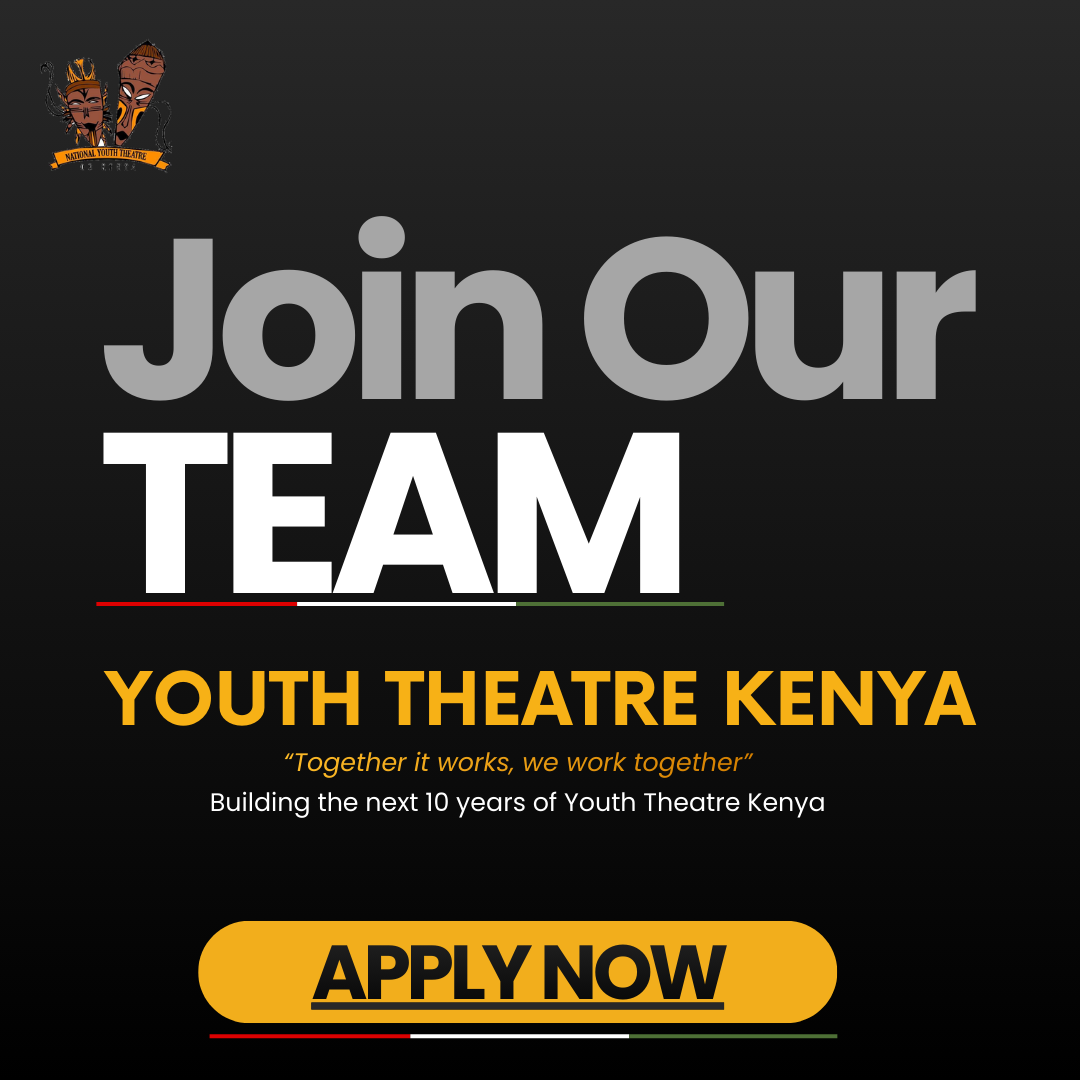 Banner with black background promoting Youth Theatre Kenya, encouraging people to join the team with a large yellow 'Apply Now' button.
