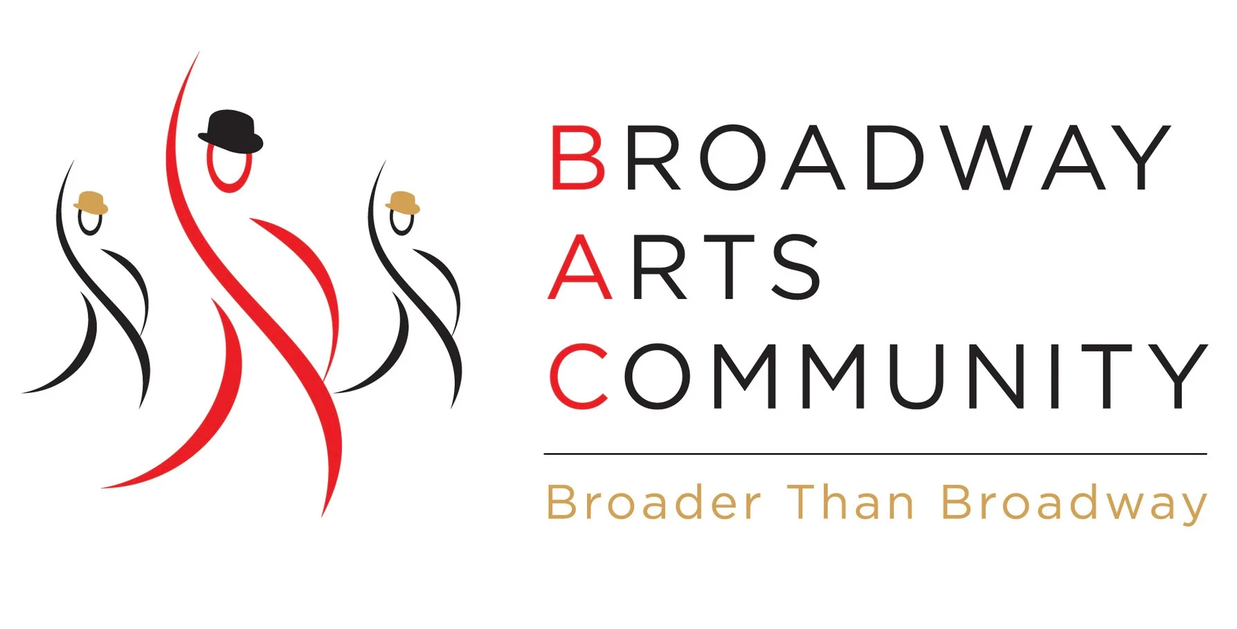 Stylized drawing of three dancers with hats and scarves, one in black and two in beige, next to the text 'BROADWAY ARTS COMMUNITY' with 'Broader Than Broadway' tagline.