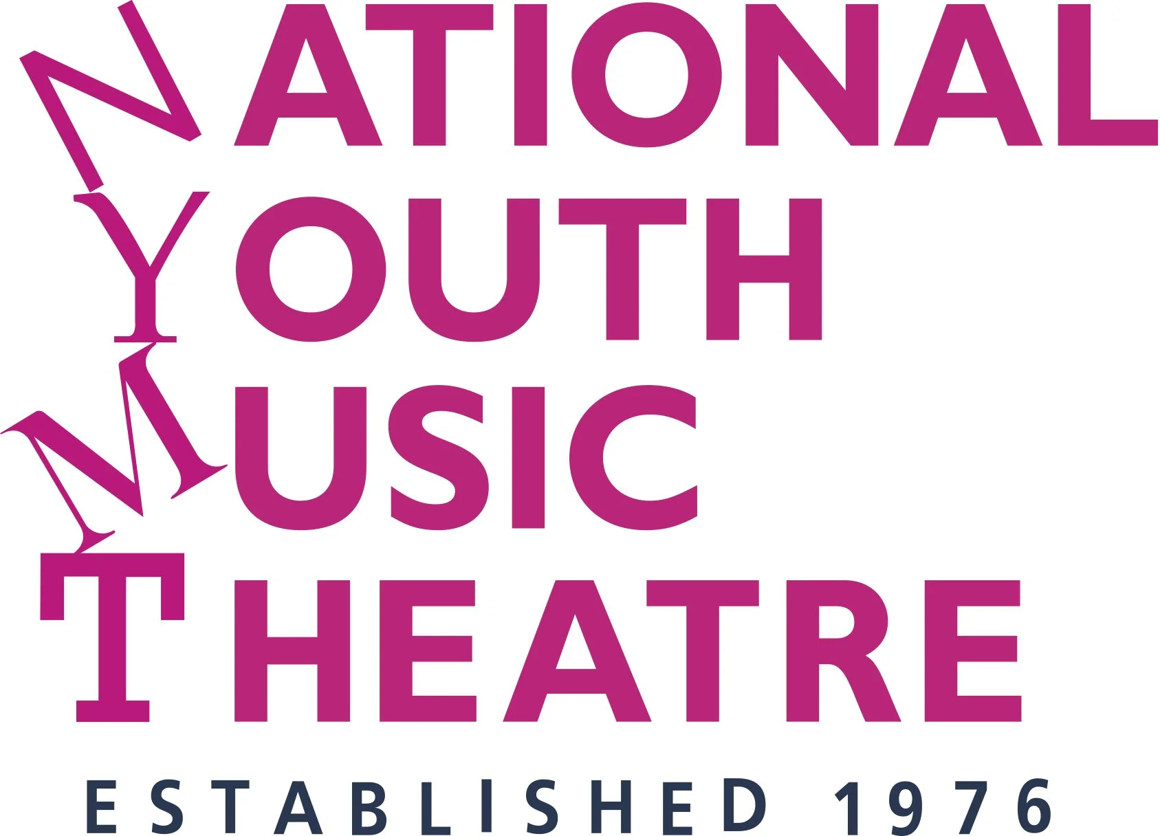 The logo for the National Youth Music Theatre, featuring the organization’s name in bold pink letters, with the words HAPPY, MUSIC, THEATRE and ESTABLISHED 1976.