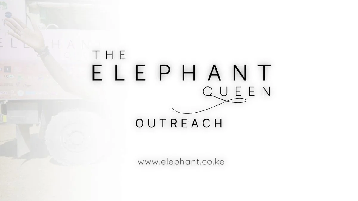 Logo for The Elephant Queen Outreach with website www.elephant.co.ke, featuring text in black and a faded background with an elephant and a person in the upper left corner.