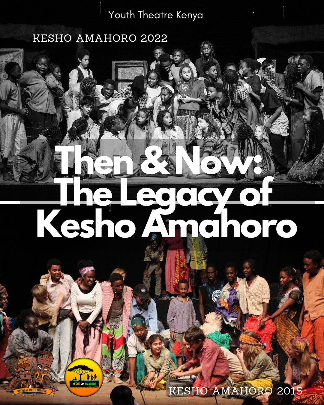 Cover of a book showing two groups of children in a theater, one in black and white and the other in color, with text about Kesho Amahoro and a logo at the bottom left.