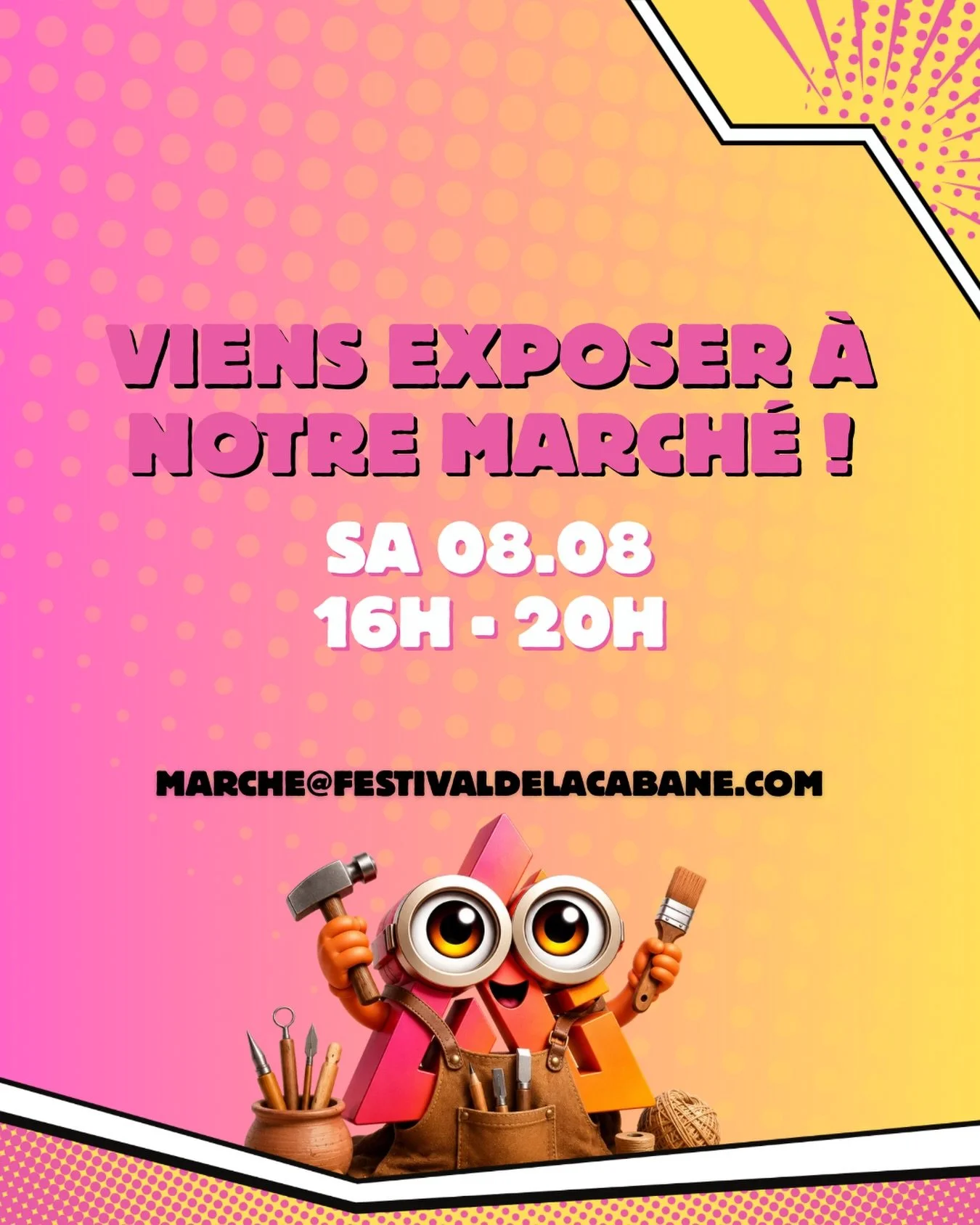 🏺 March&eacute; artisanal 

Viens nous faire d&eacute;couvrir ta passion en exposant &agrave; notre march&eacute; des artisans du samedi 8 ao&ucirc;t ! 

Inscription par mail 

☀️