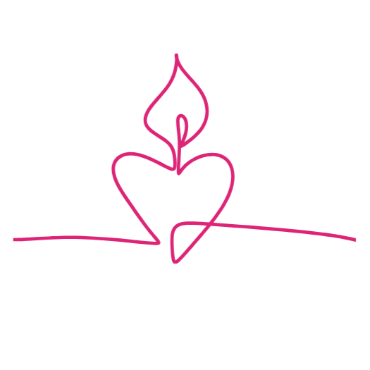 Dessins en ligne d'une bougie en forme de cœur avec une flamme, en couleur rose, sur fond noir.