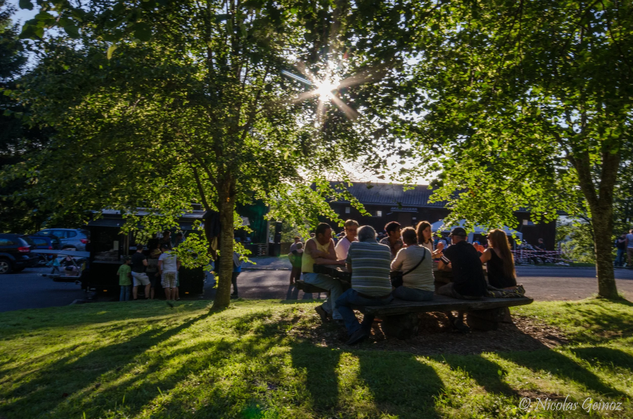 Groupe de personnes assises à une table en bois sous un arbre, au soleil couchant, avec des voitures et des personnes en arrière-plan.