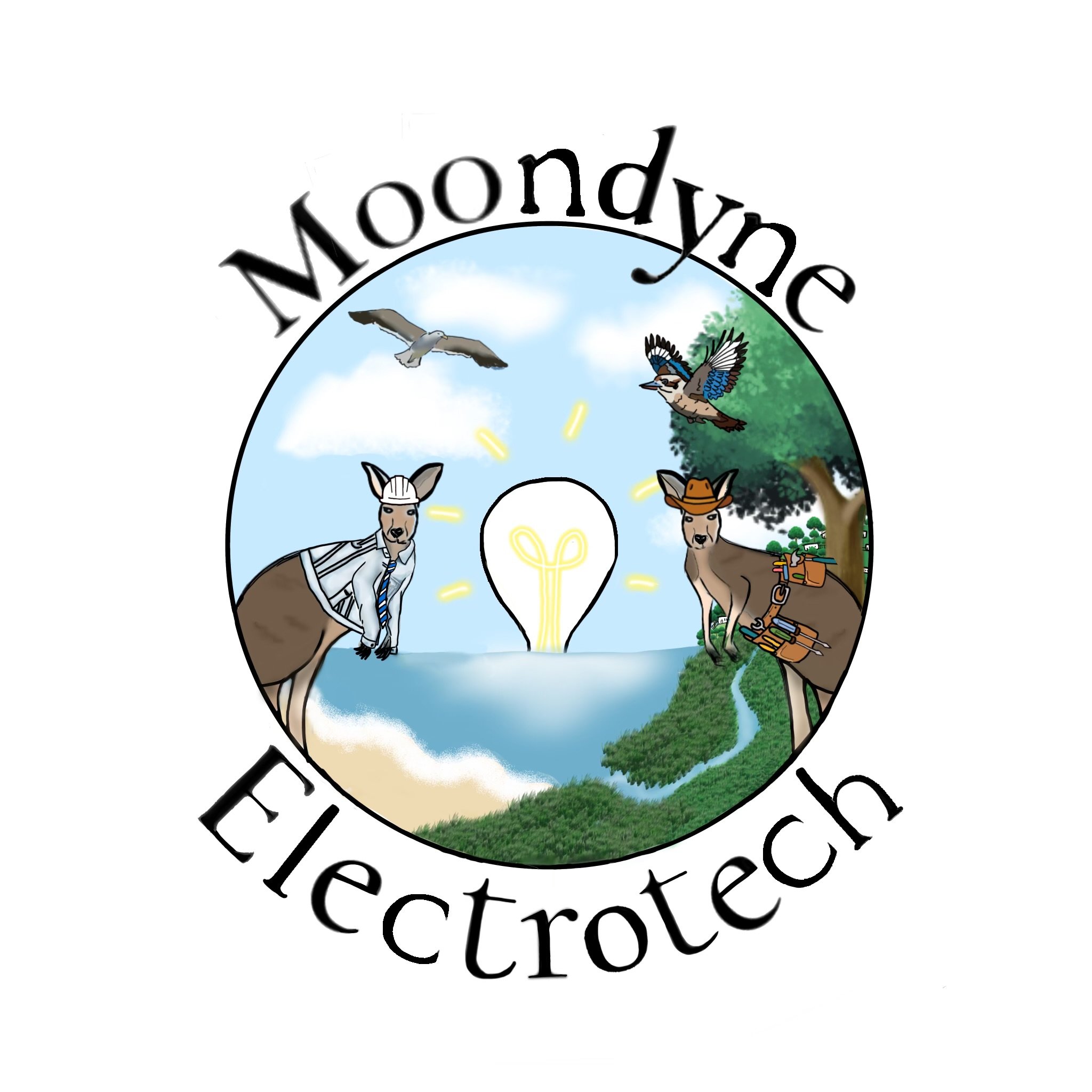 Logo for Moondyne Electorate featuring two kangaroos dressed in clothing and accessories, two birds flying above the landscape, and a scenic background with ocean, trees, and a stylized light bulb.