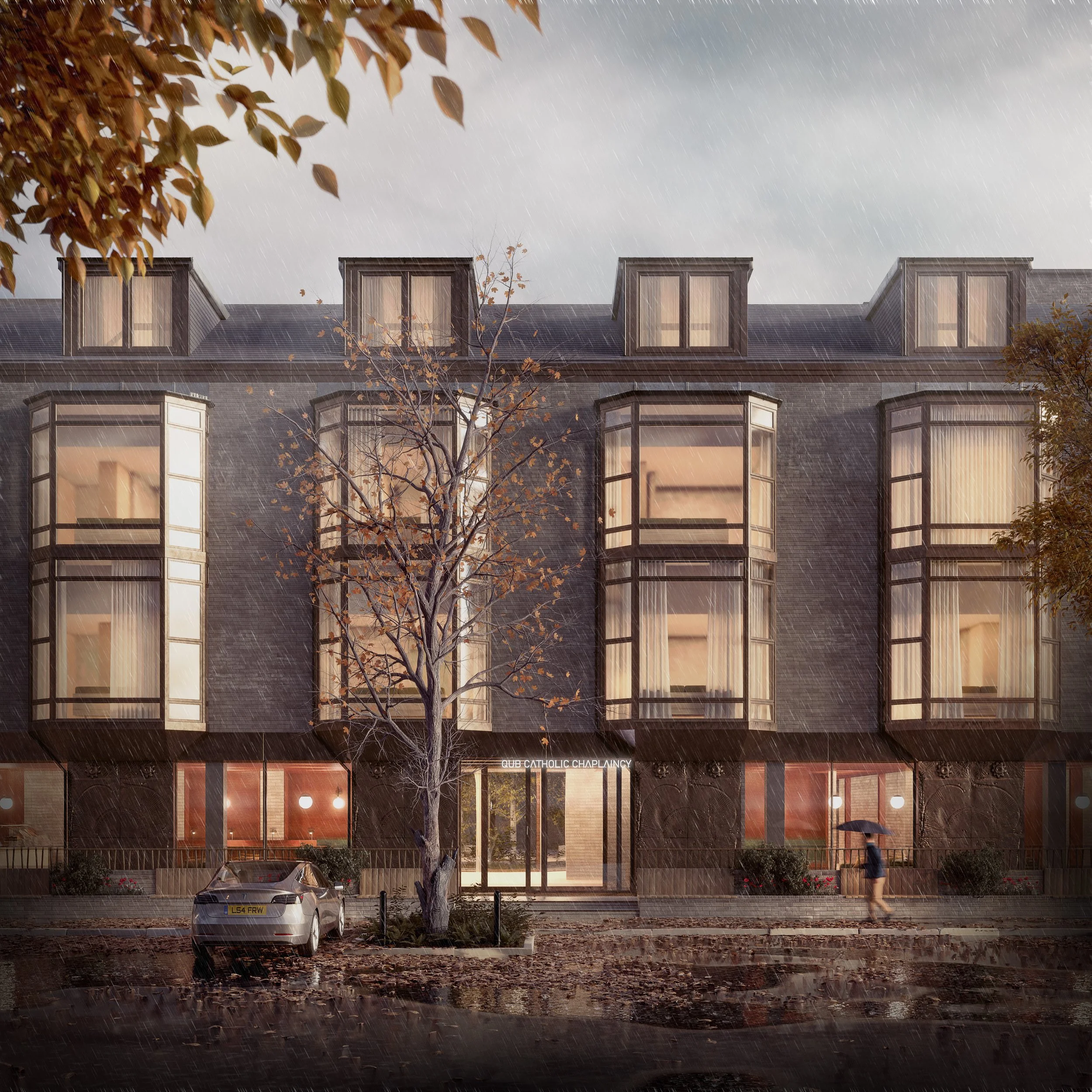 A modern multi-story building with bay windows during a rainstorm at night. A bare tree is in front, and a person with an umbrella walks on the wet sidewalk. A car is parked near the tree, and the building's entrance is illuminated.