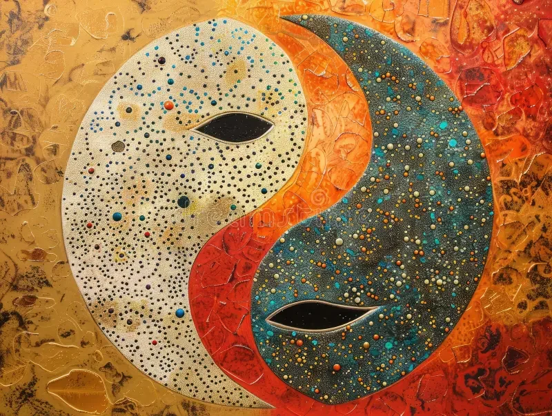 Une œuvre d'art abstraite représentant deux formes fluides, l'une blanche avec de petits points de différentes couleurs, et l'autre bleue avec des points dorés, sur un fond orangé avec des motifs décoratifs.