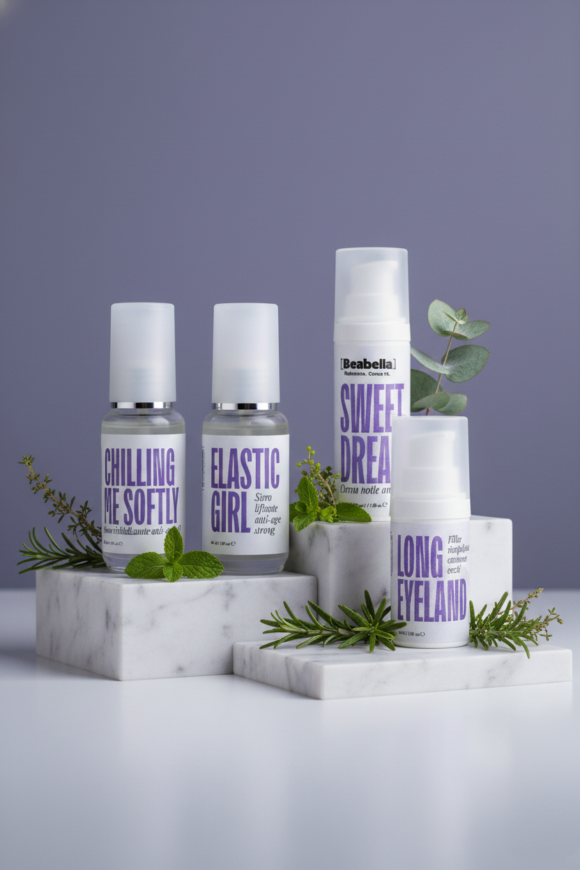 Set di cinque bottiglie di prodotti per la cura della pelle con etichette viola, disposte su basette di marmo, decorate con foglie verdi.