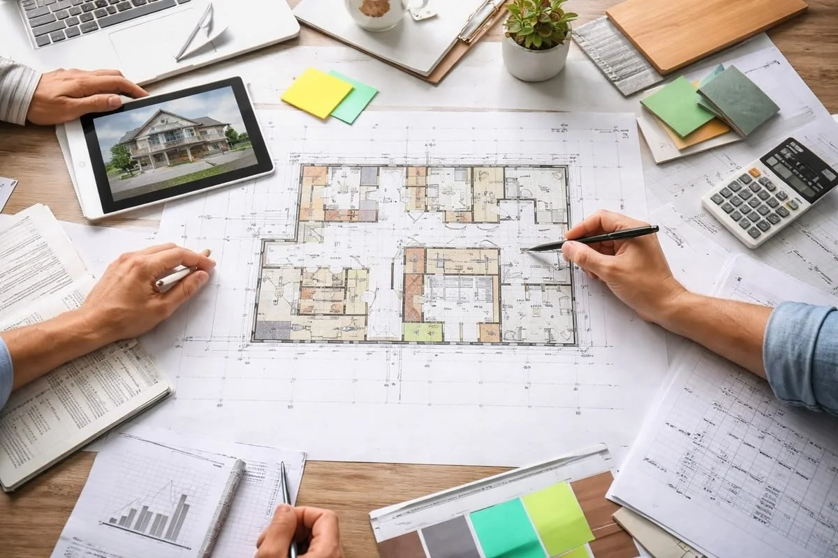 Architects working on a blueprints of a house design, with a tablet displaying a house image, a calculator, color swatches, and various documents on the table.