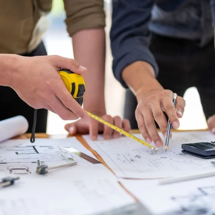 Two people are examining architectural plans on a table, using a measuring tape, pen, and calculator.