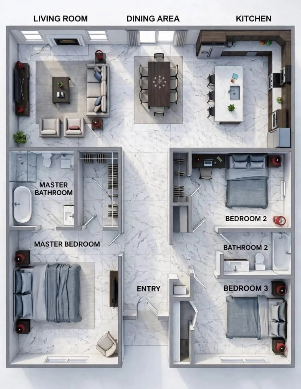 Top-down view of a house floor plan with labeled rooms: living room, dining area, kitchen, master bedroom with en suite bathroom, bedroom 2 with bathroom 2, bedroom 3, entryway, and closets.