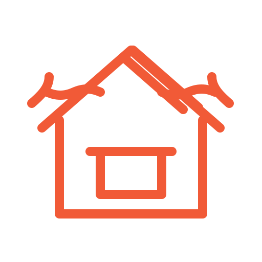 Outline of a house with a gabled roof and a central window, drawn in red lines on a black background.