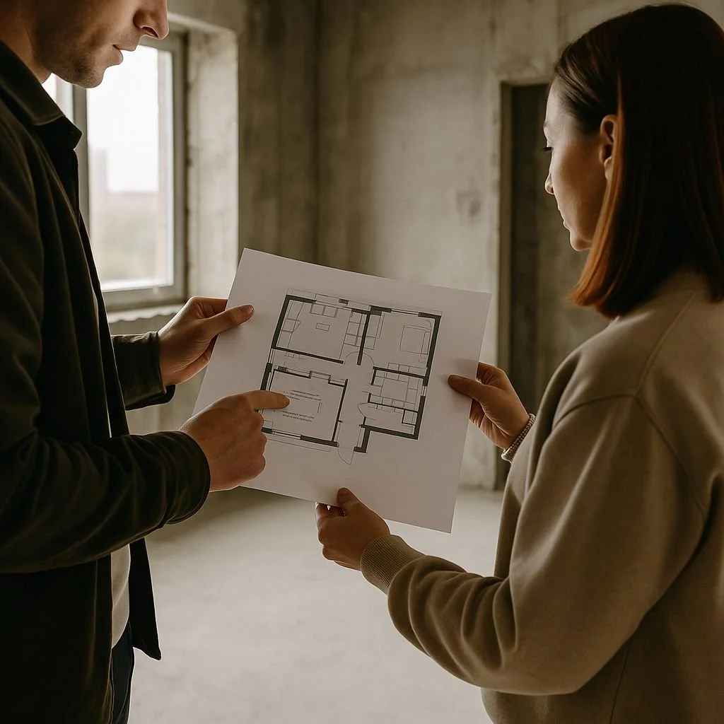Two people examining a blueprint or floor plan inside an unfinished building.
