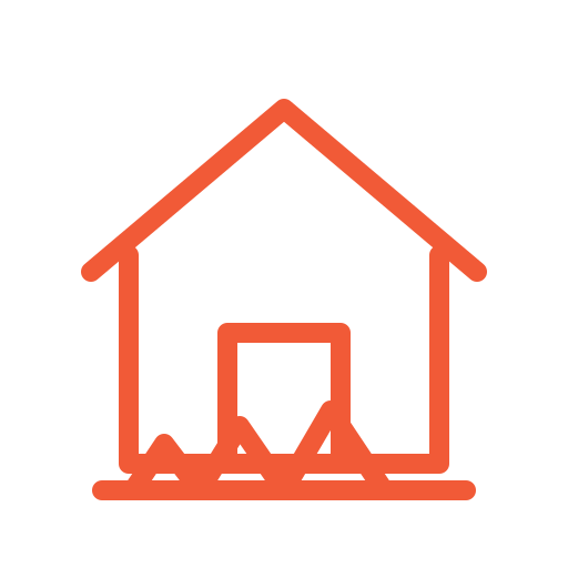 Outline of a barn with a sliding door and a pitched roof, drawn in red.