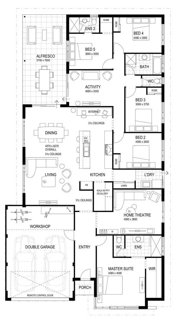 Floor plan of a house with labeled rooms including a porch, entry, double garage, workshop, living room, dining area, kitchen, home theater, master suite, laundry, bedrooms, bathrooms, activity, alfresco, and various closets.
