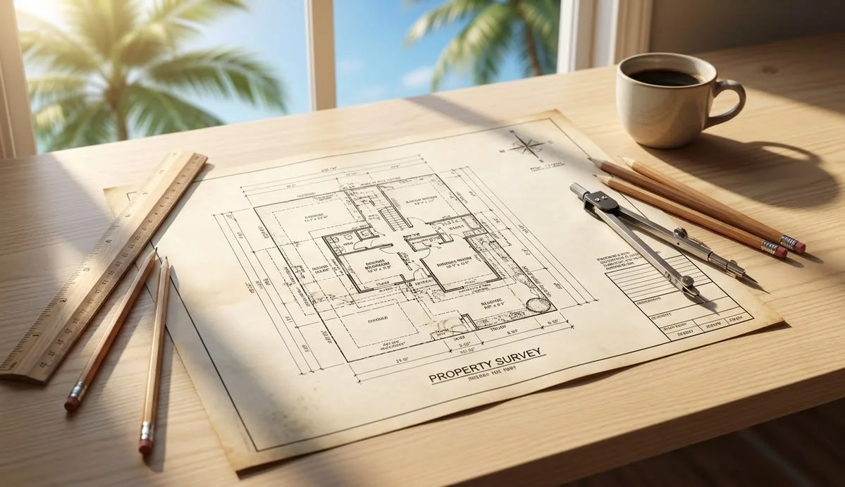 Blueprint for a property survey on a wooden table with a ruler, pencils, a compass, and a cup of coffee.