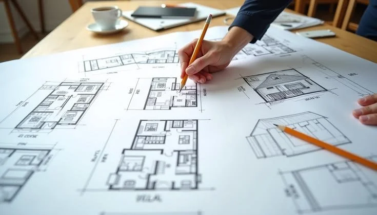 Person reviewing architectural blueprints of a house on a table.