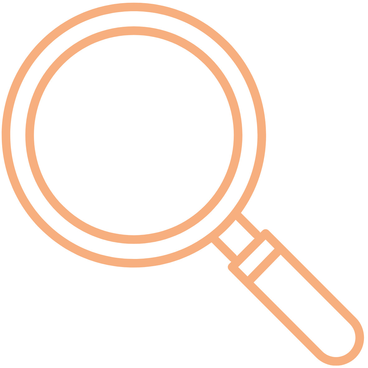 Outline illustration of a magnifying glass with a round lens and a handle.